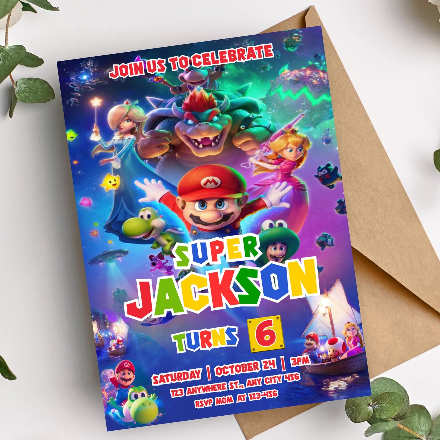Close-up mockup of an editable Super Mario party invite being edited on a phone and laptop screen using a free Canva account.