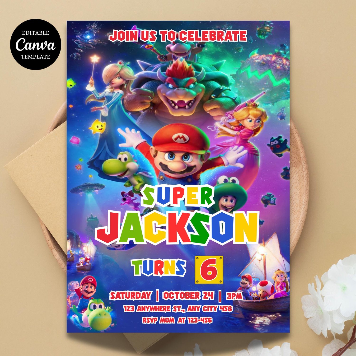 A flat-lay view of the printable Super Mario birthday invitation next to a smartphone, showing the clean minimalist details and crisp colors of the digital design.