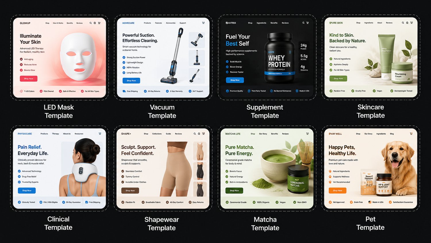 Elixir Theme V1 is a premium Shopify theme for ecommerce and dropshipping stores, offering modern product page templates, clean UI design, and high-converting layouts. With ready-made templates for skincare, supplements, shapewear, matcha, pet products, clinical products, LED masks, and vacuum products, Elixir Theme V1 helps Shopify store owners create a professional online store with a polished brand experience and optimized product presentation.