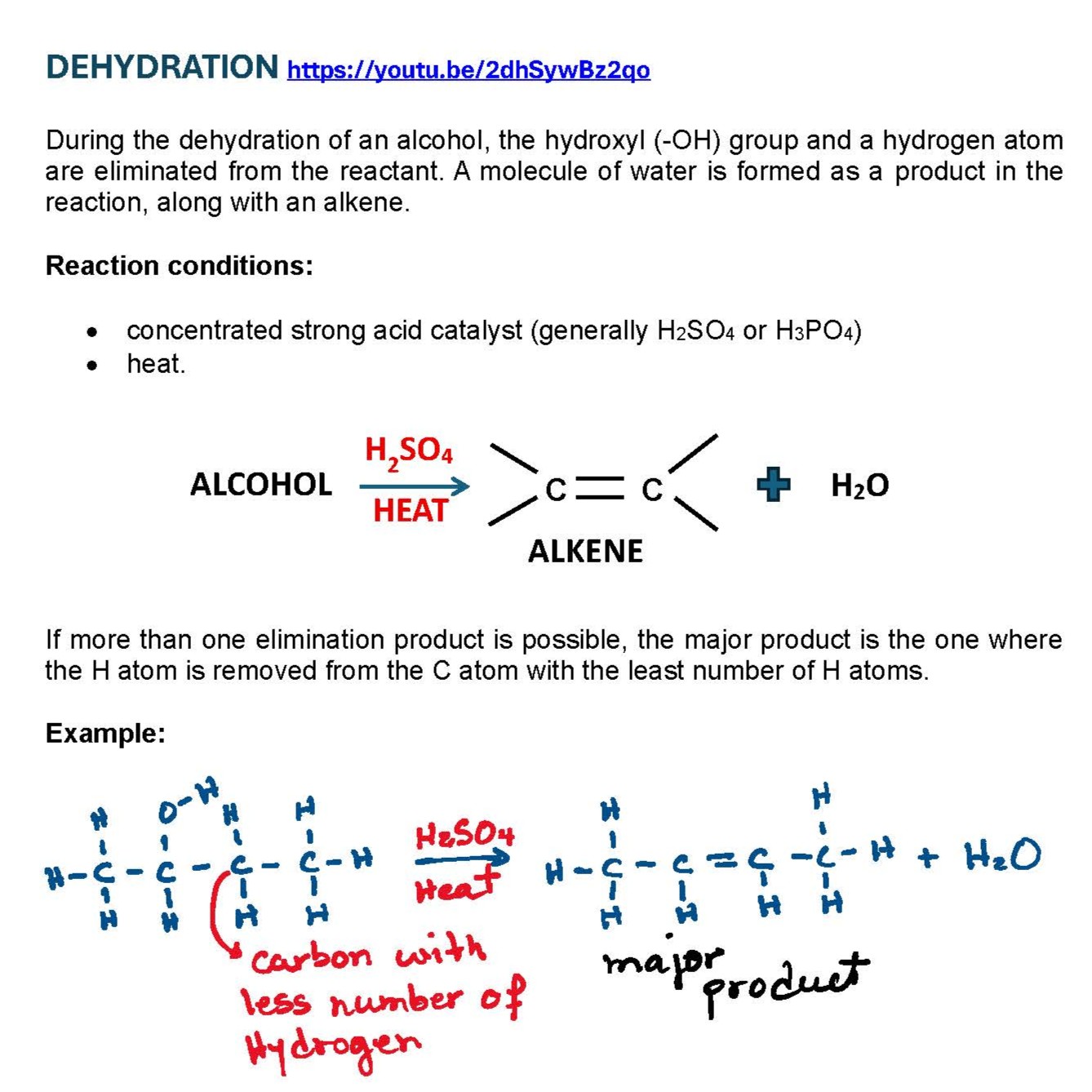 Dehydration reactions and elimination reaction examples for Grade 12 Physical Sciences organic chemistry