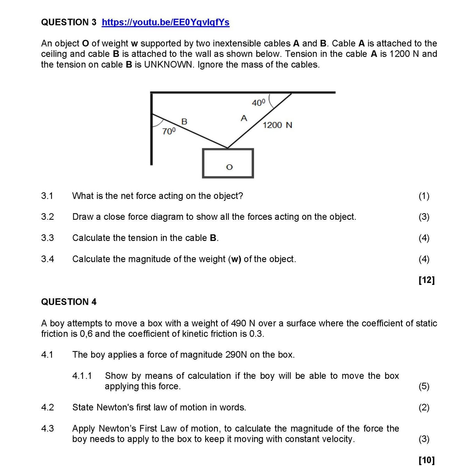 Forces and gravitation revision questions for Grade 11 Physical Sciences with calculations and diagrams