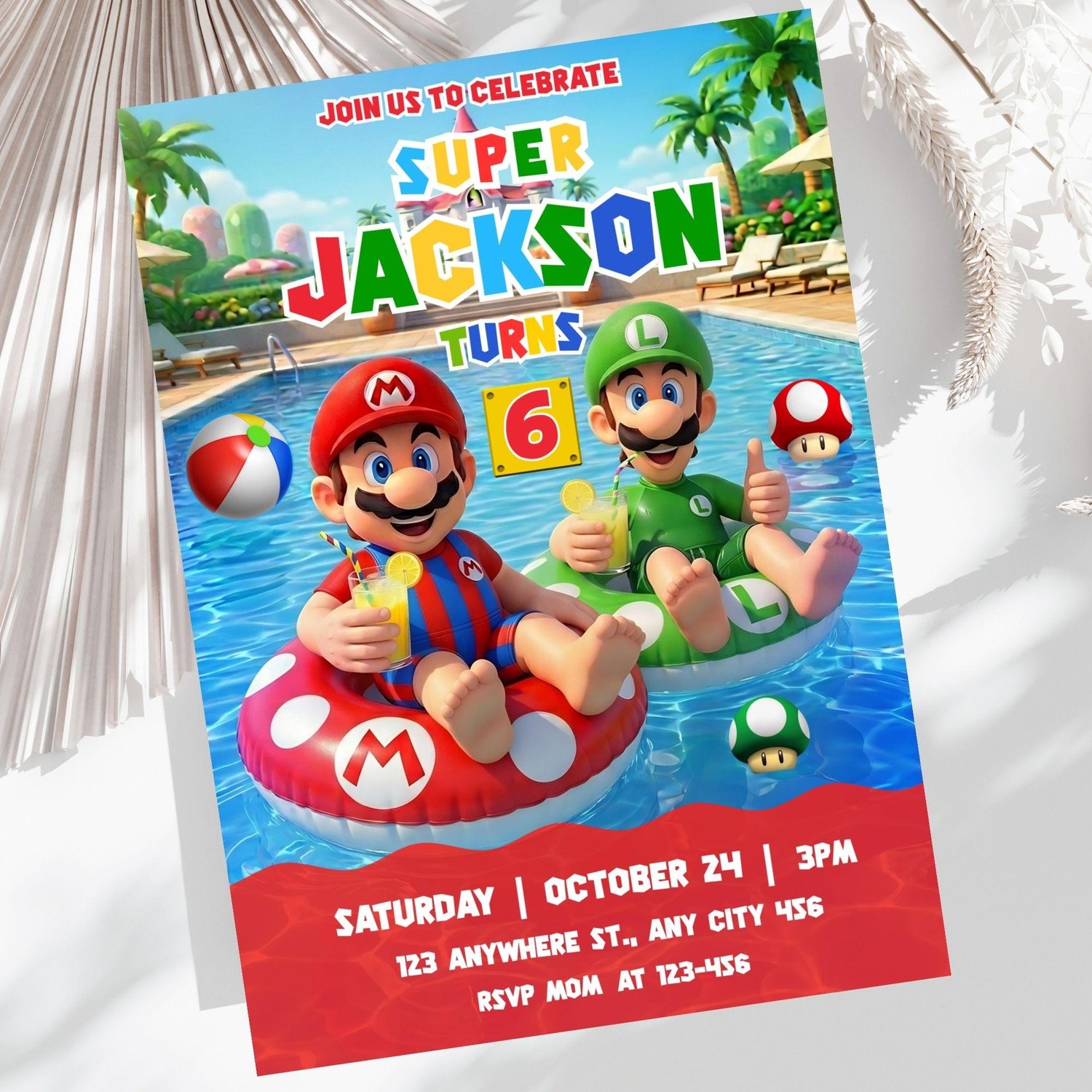 A mockup of the editable Super Mario swim party invite being customized on a smartphone screen, showing how easy it is to change the birthday party details.
