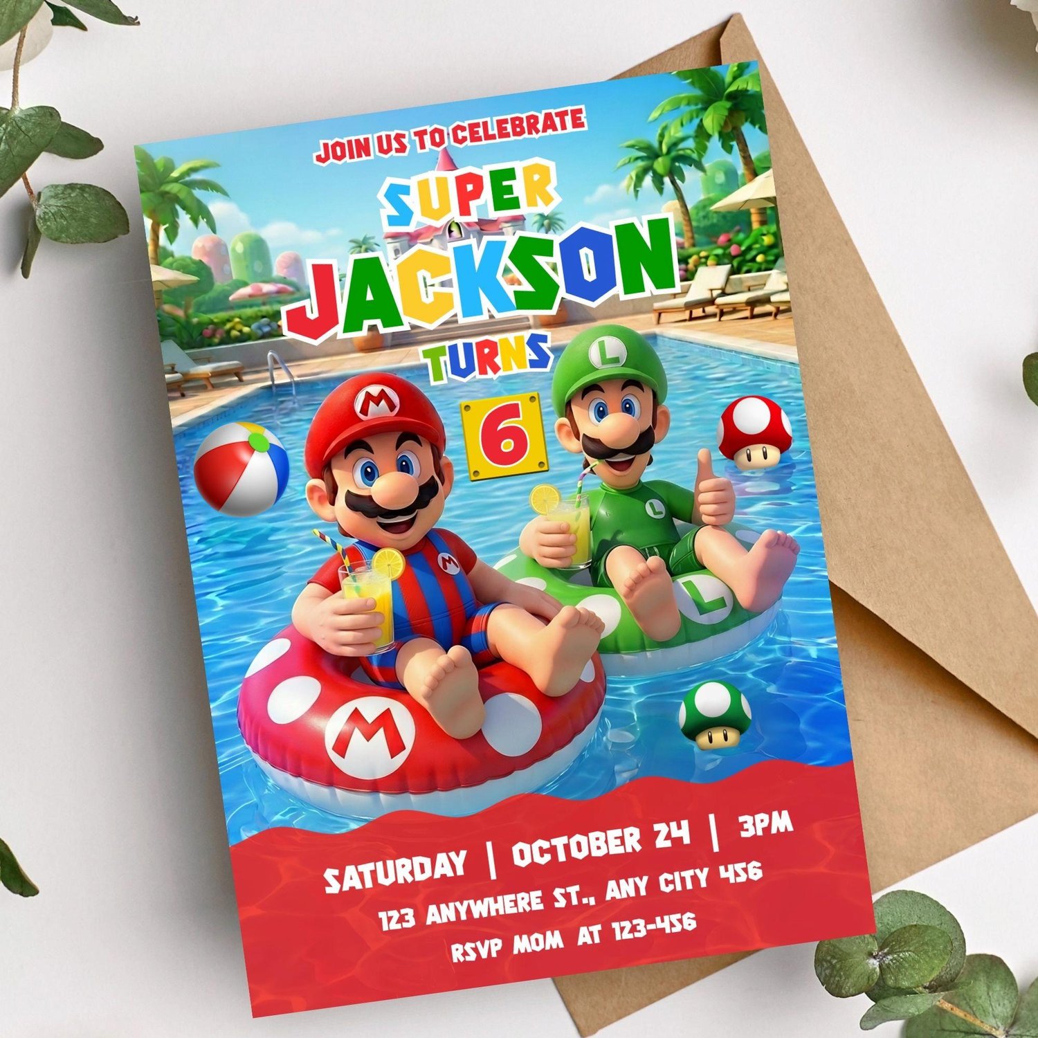 A graphic detailing how to access the digital Mario Bros splash birthday invitation download link via a free Canva account instantly after purchase.