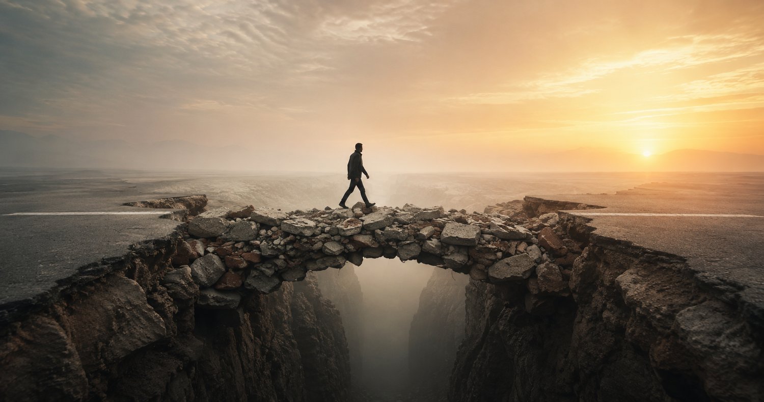 A silhouette of a man walking across a stone bridge made of rubble over a deep chasm toward a golden sunrise, representing overcoming obstacles and embracing unexpected life changes for personal growth. What looks like a dead end is often just a forced re