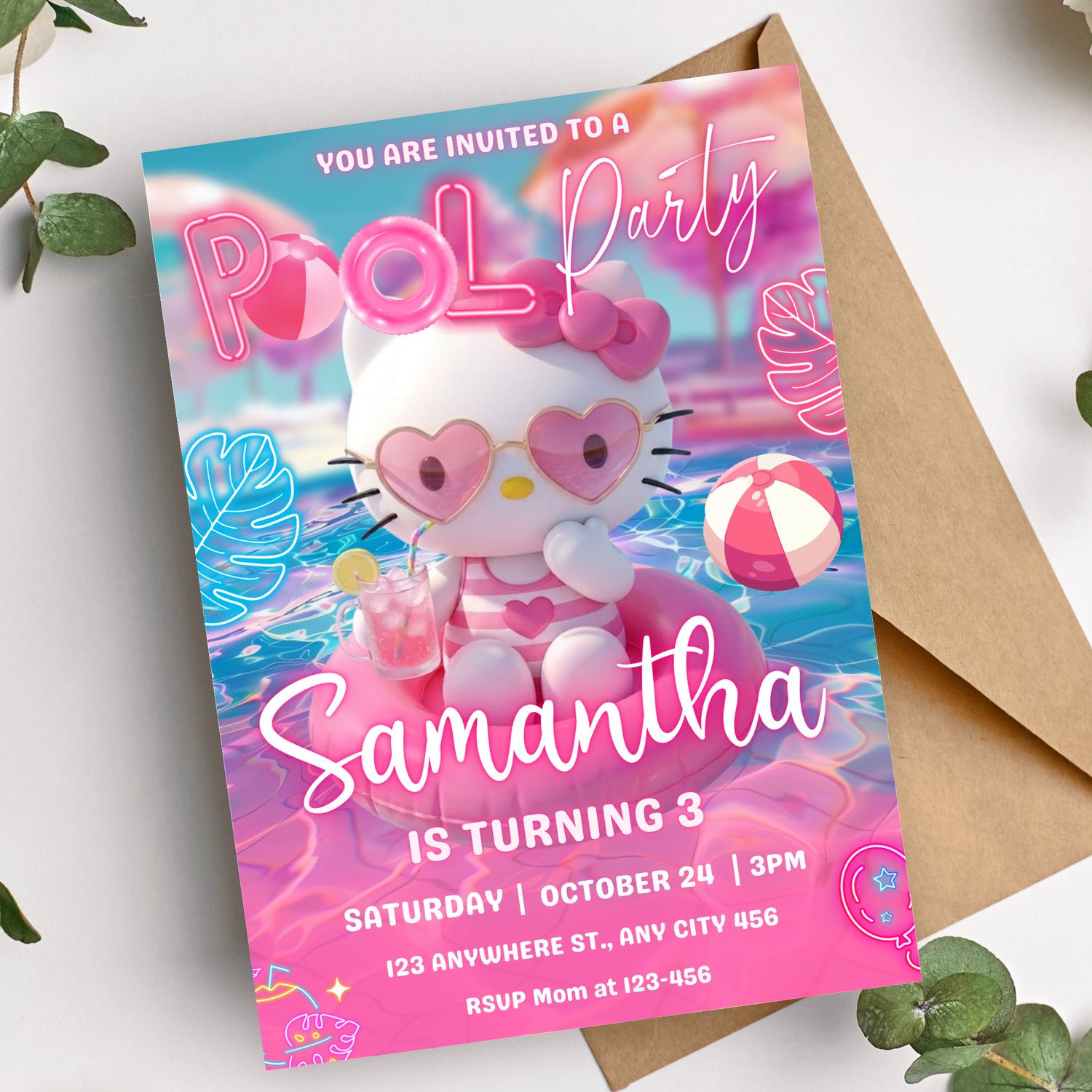 Digital Hello Kitty pool party birthday invitation shown on a smartphone screen, displaying how the electronic invite looks for texting and emailing guests.
