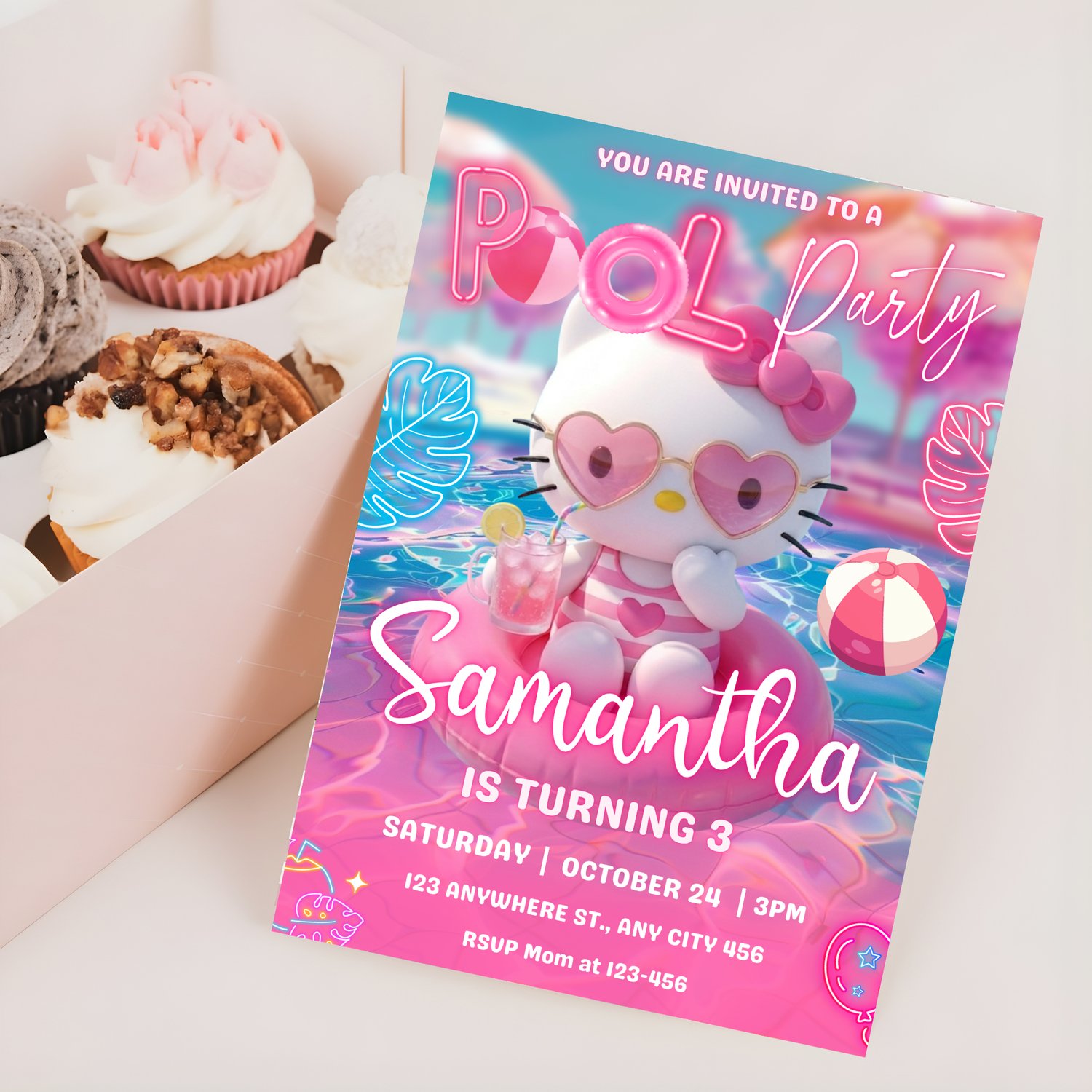 Canva template editor showing how to easily customize the text, fonts, and details on the Hello Kitty summer pool party birthday invitation.