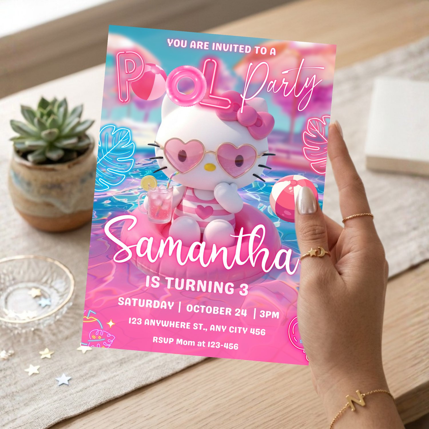 Instant download Hello Kitty pool party printable invitation card with optional matching RSVP details in a minimalist, chic pink aesthetic.