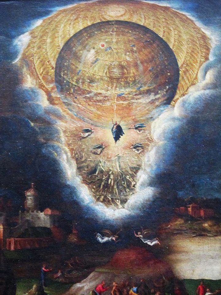 Above a dark city there is a gap in the heavens with a tiny figure of Christ ascending to a golden globe.