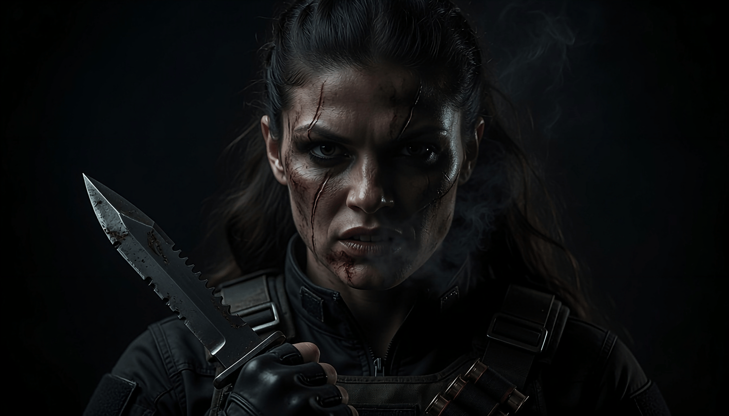 Female Mexican intergalactic super soldier, in the mist and the heart of intergalactic battles