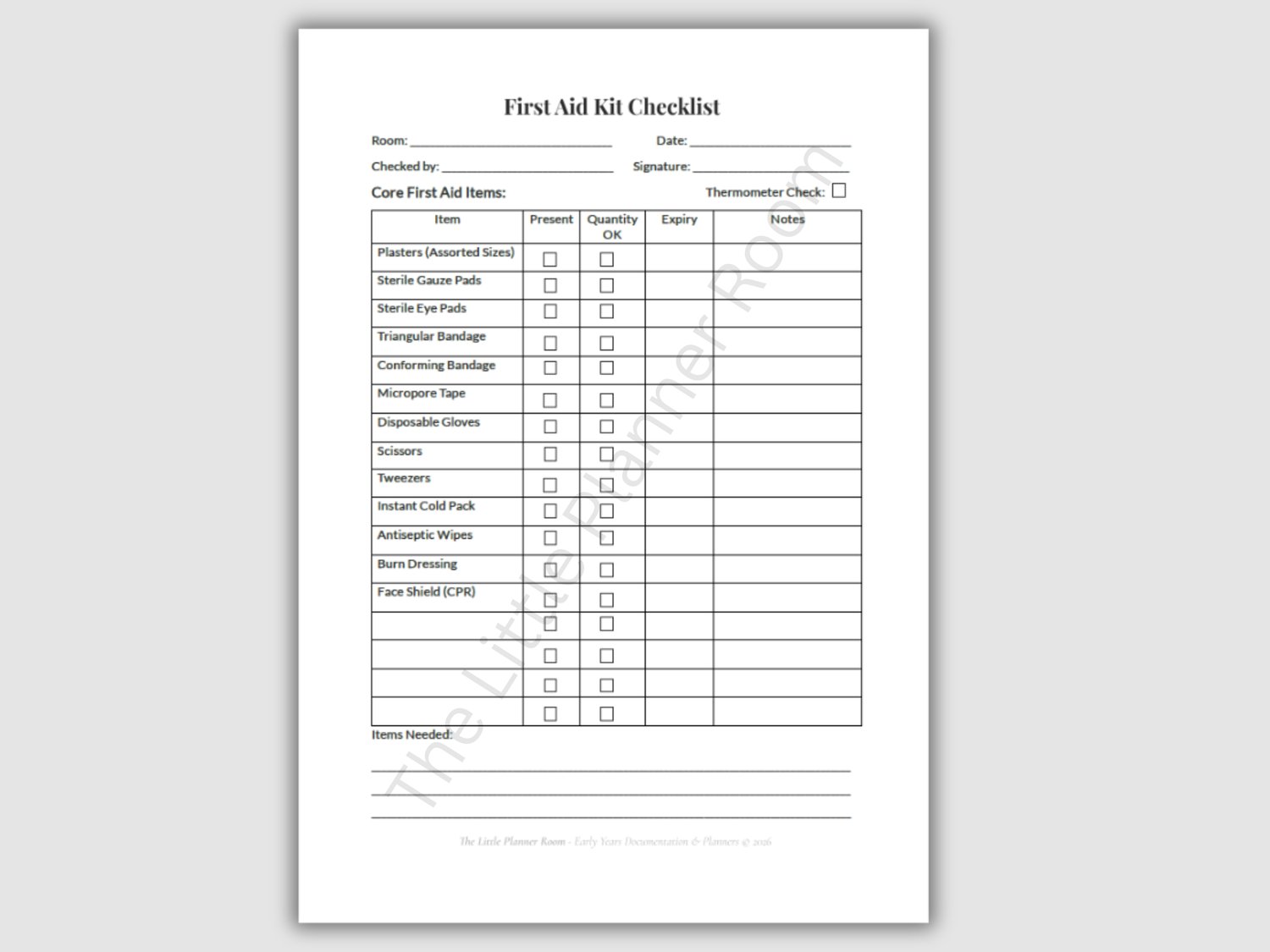 First Aid Kit Checklist printable PDF for EYFS settings with tick boxes for first aid items, quantity checks, expiry dates, thermometer check, and space for notes and items needed.