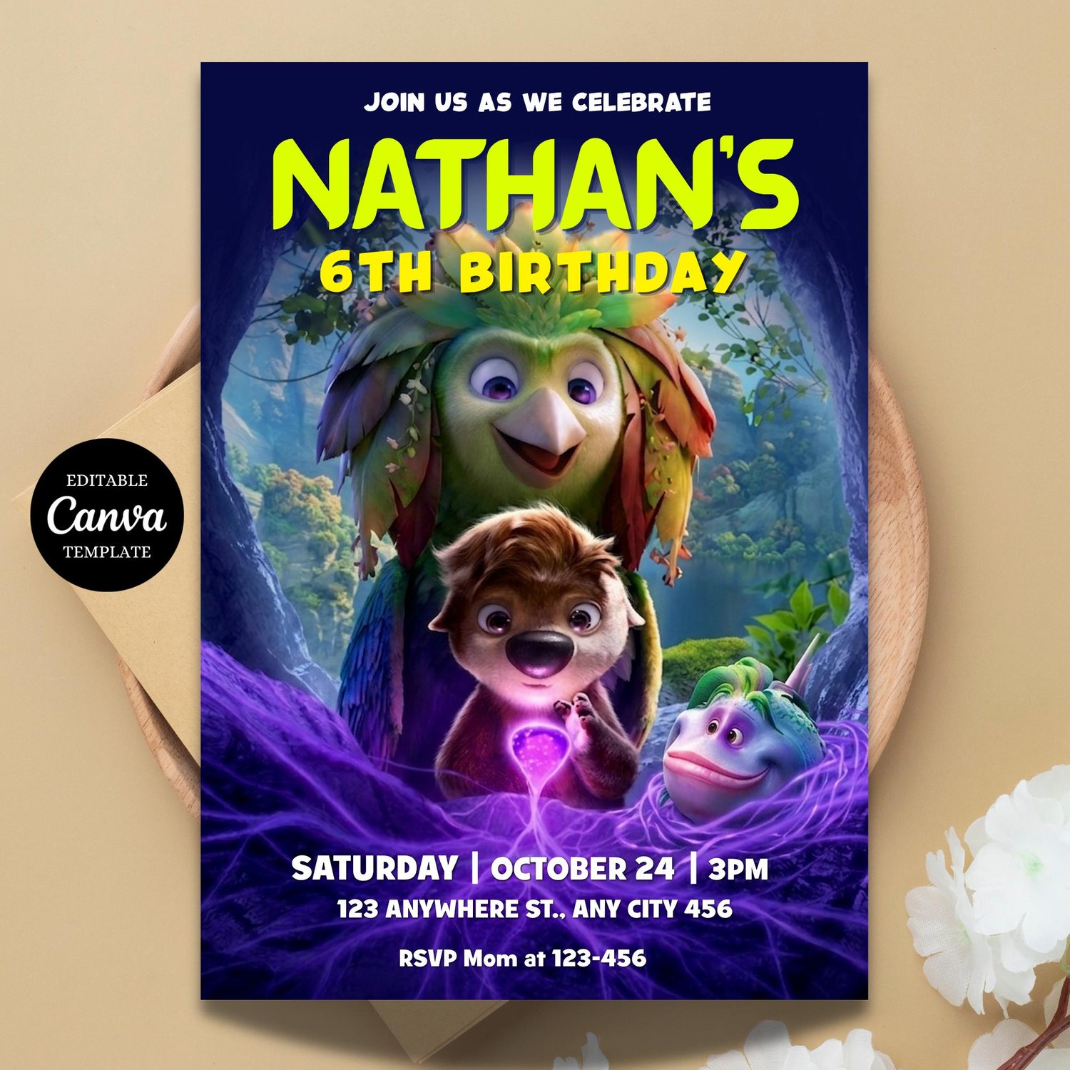 Editable Swapped birthday invitation template displaying the animated Netflix movie characters Ollie the Pookoo and Ivy the Javan on a colorful, playful background.
