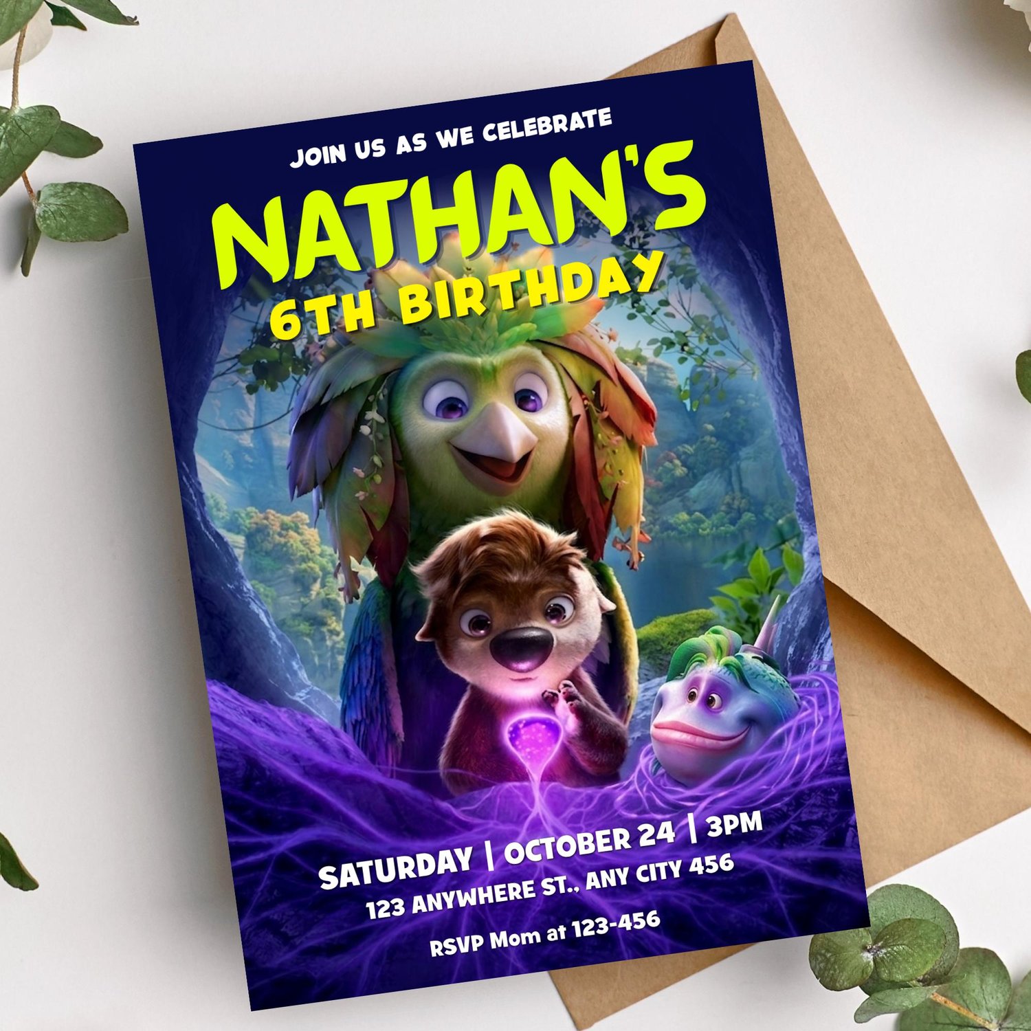 a mockup showing the Netflix Swapped movie themed birthday invite, highlighting how parents can easily edit the text online.