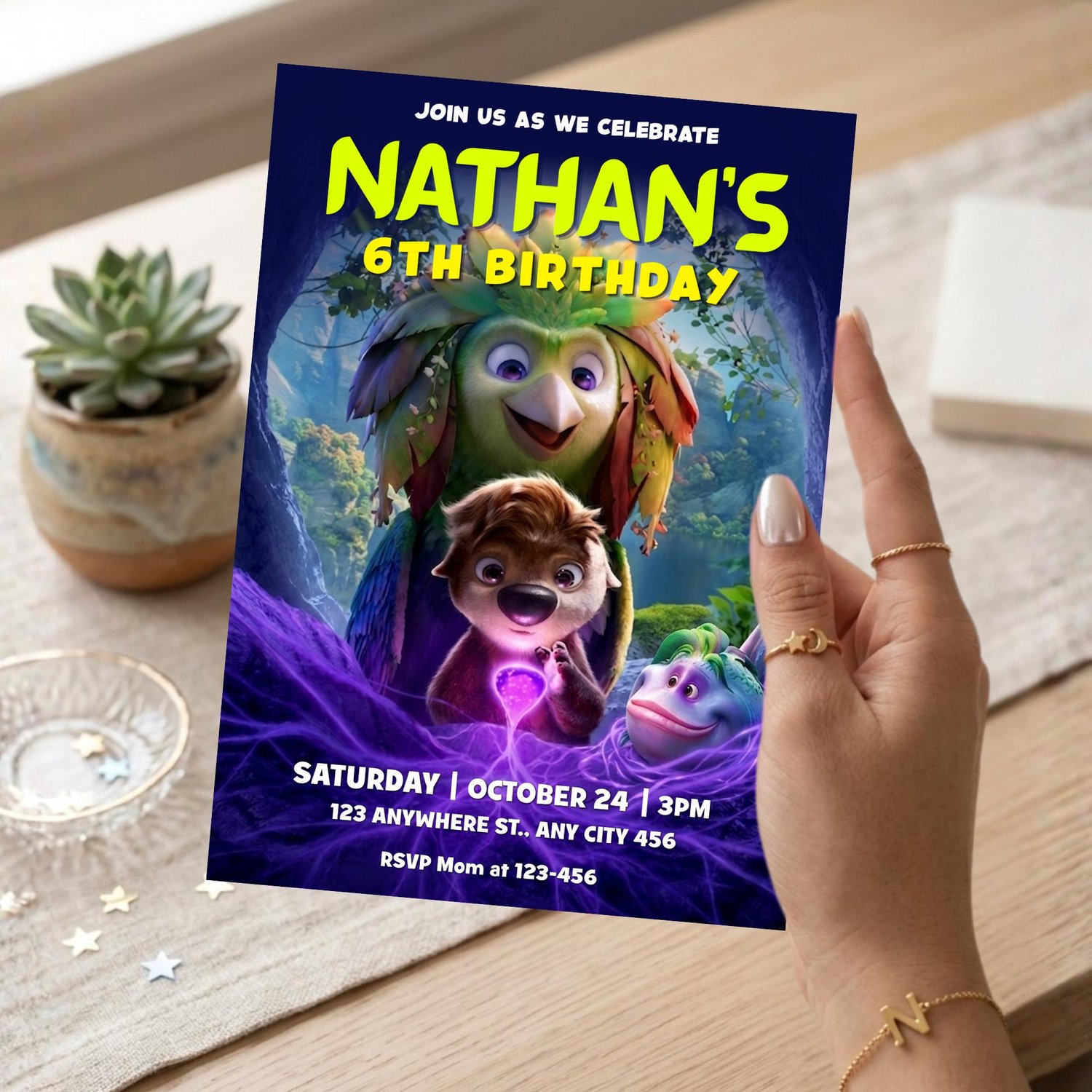 a digital Swapped movie invitation template featuring Boogle the fish and cute fantasy adventure elements for a children's birthday party.