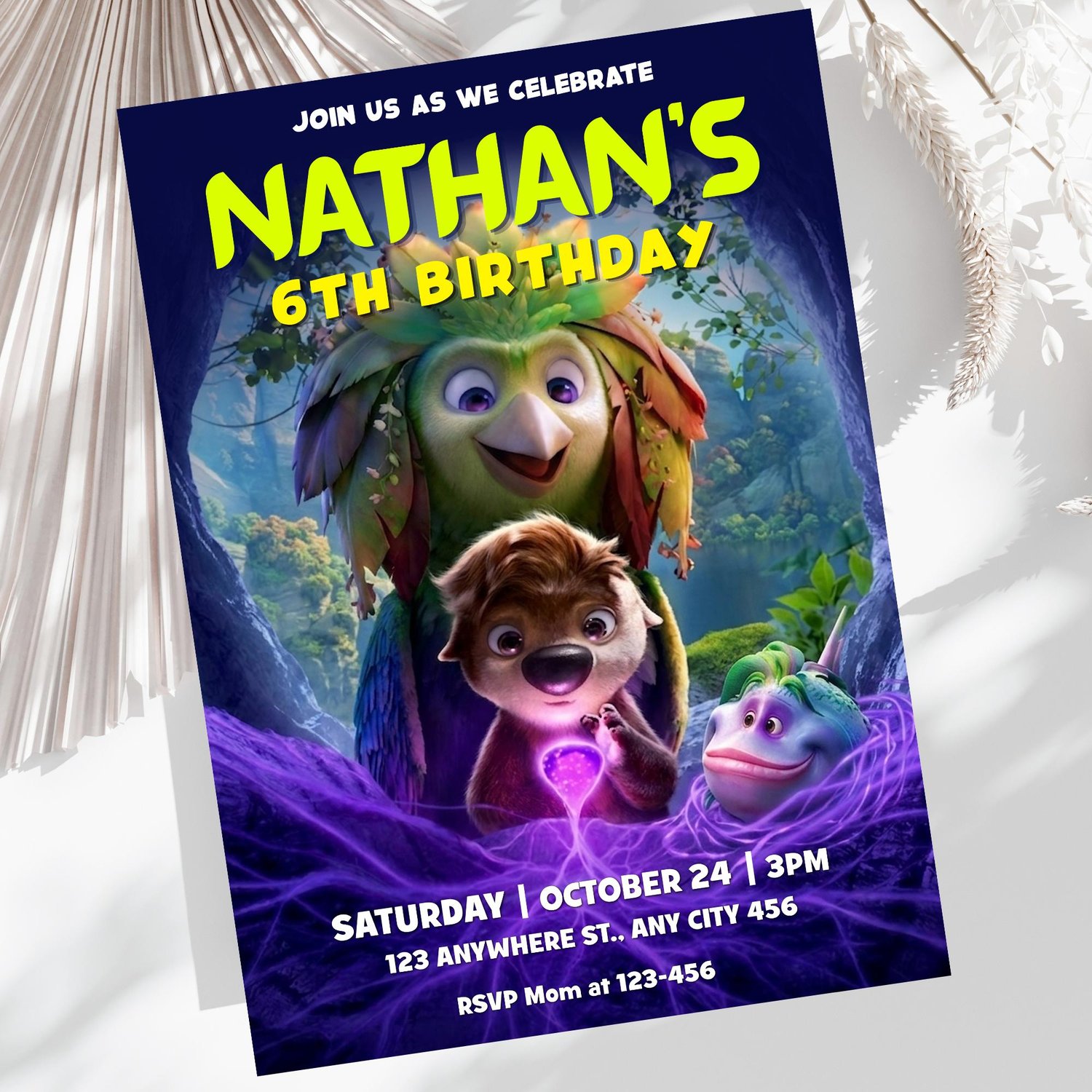 Printable kids birthday invitation featuring the body-swap animated movie theme, showing customizable text fields for name, age, date, and RSVP details.