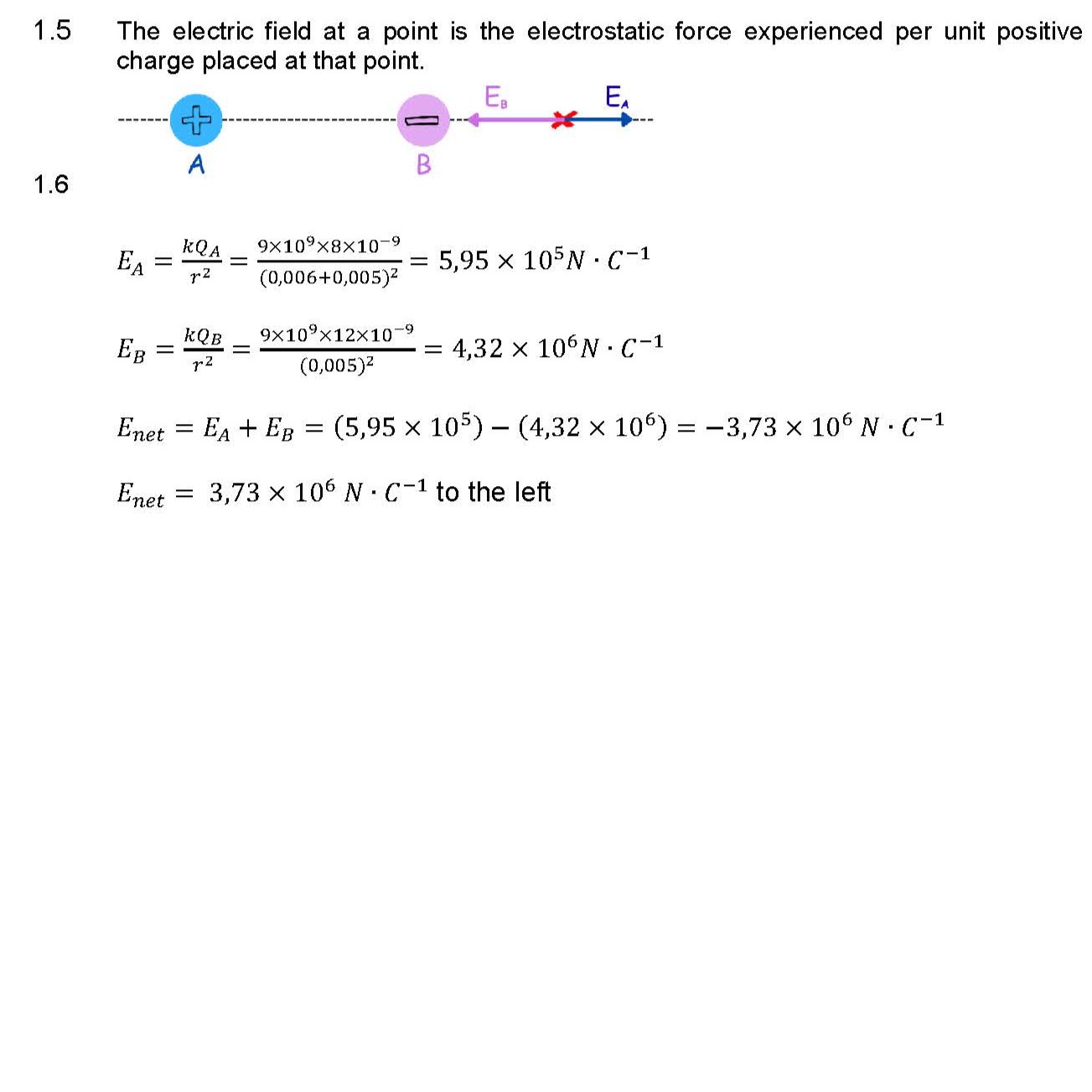Grade 11 electrostatics revision questions on Coulombs Law and electric field calculations