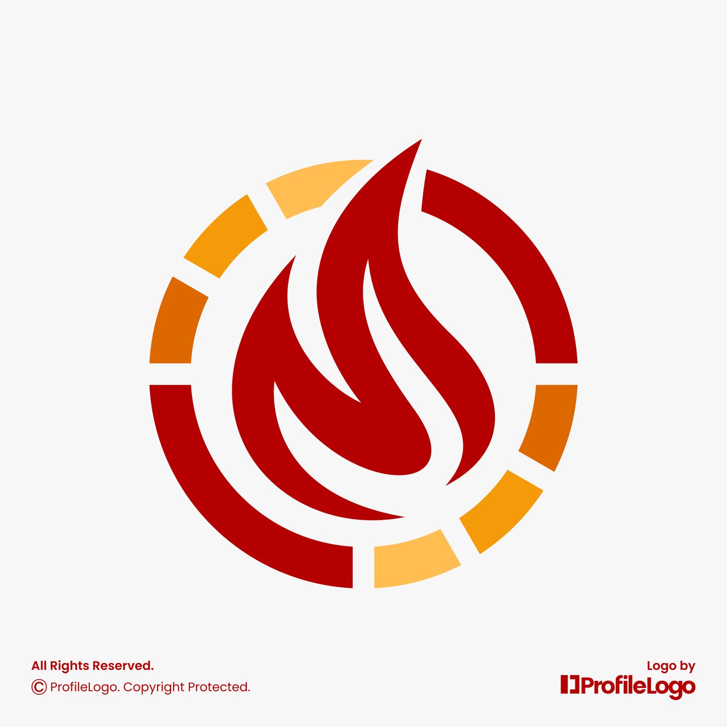 Dynamic circle fire flame logo for sale by ProfileLogo with light grey background