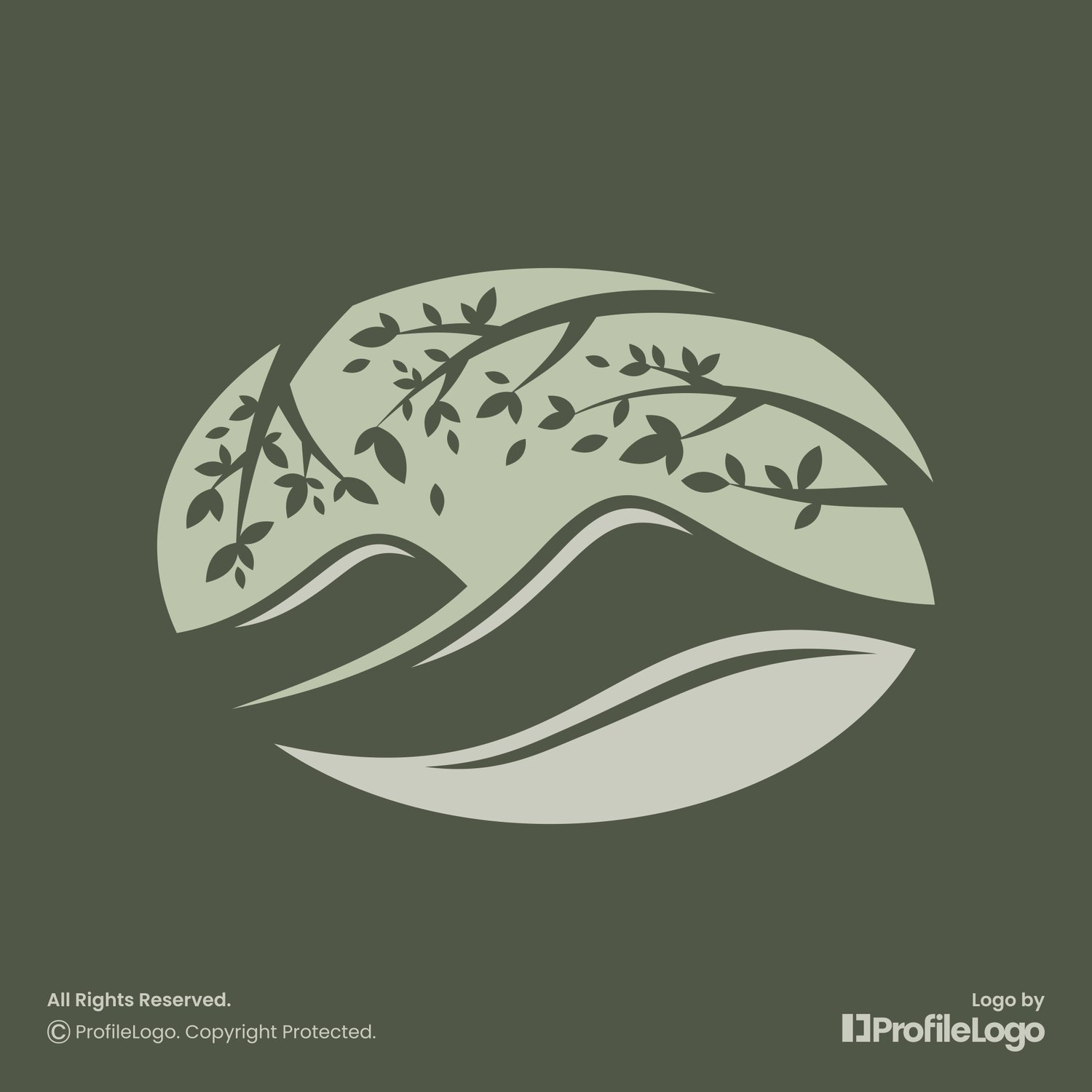 Oval natural landscape mountain logo for sale by ProfileLogo with dark green background