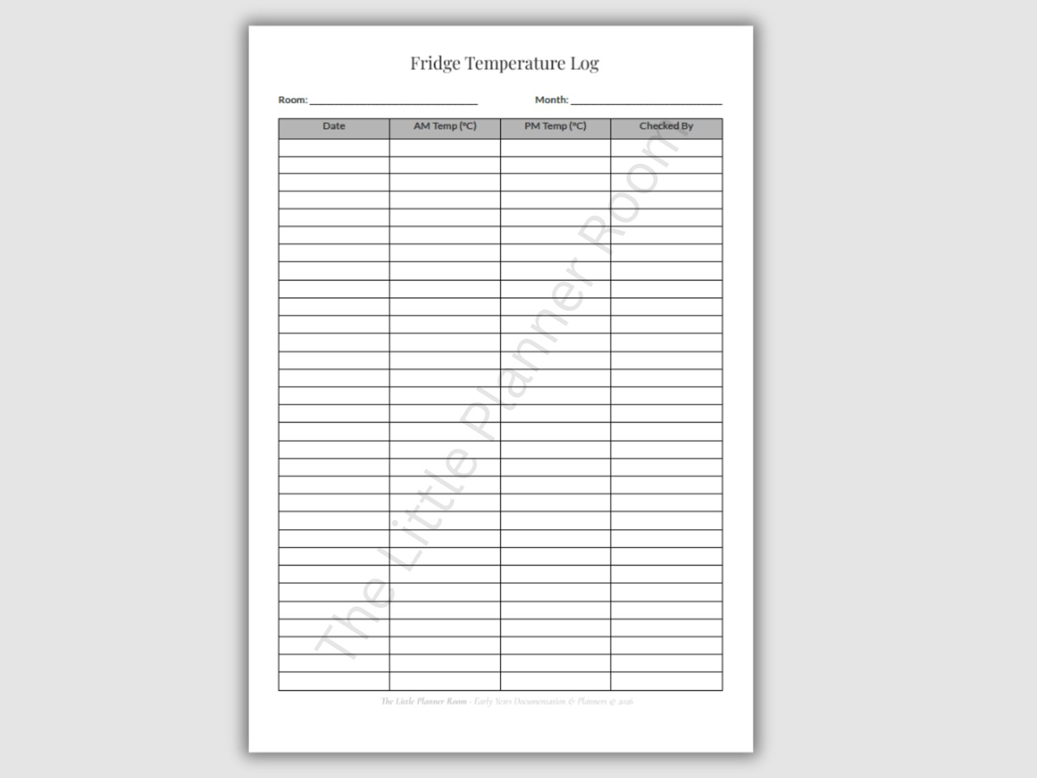 Fridge Temperature Log printable PDF for EYFS settings with daily rows for date, AM and PM temperatures, and staff initials for monthly food safety checks.