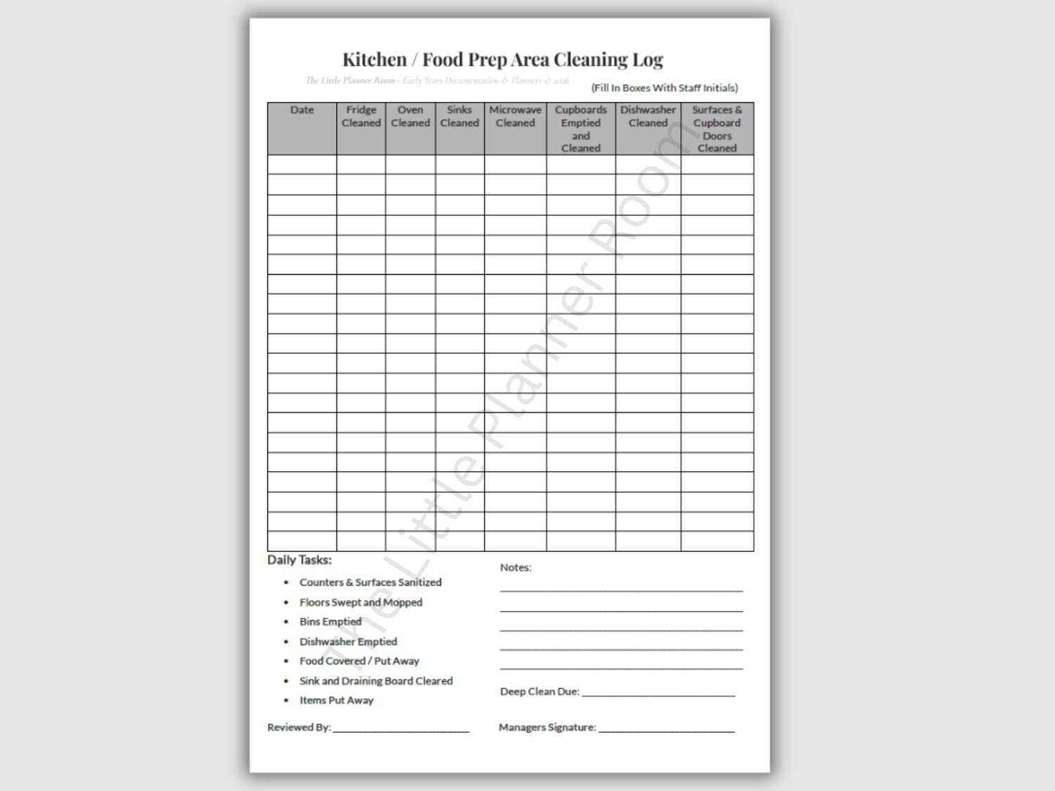 Kitchen and Food Prep Area Cleaning Log printable PDF for EYFS settings with daily cleaning checklist for fridge, oven, sinks, microwave, cupboards, dishwasher, and surfaces, plus daily tasks and manager sign‑off.