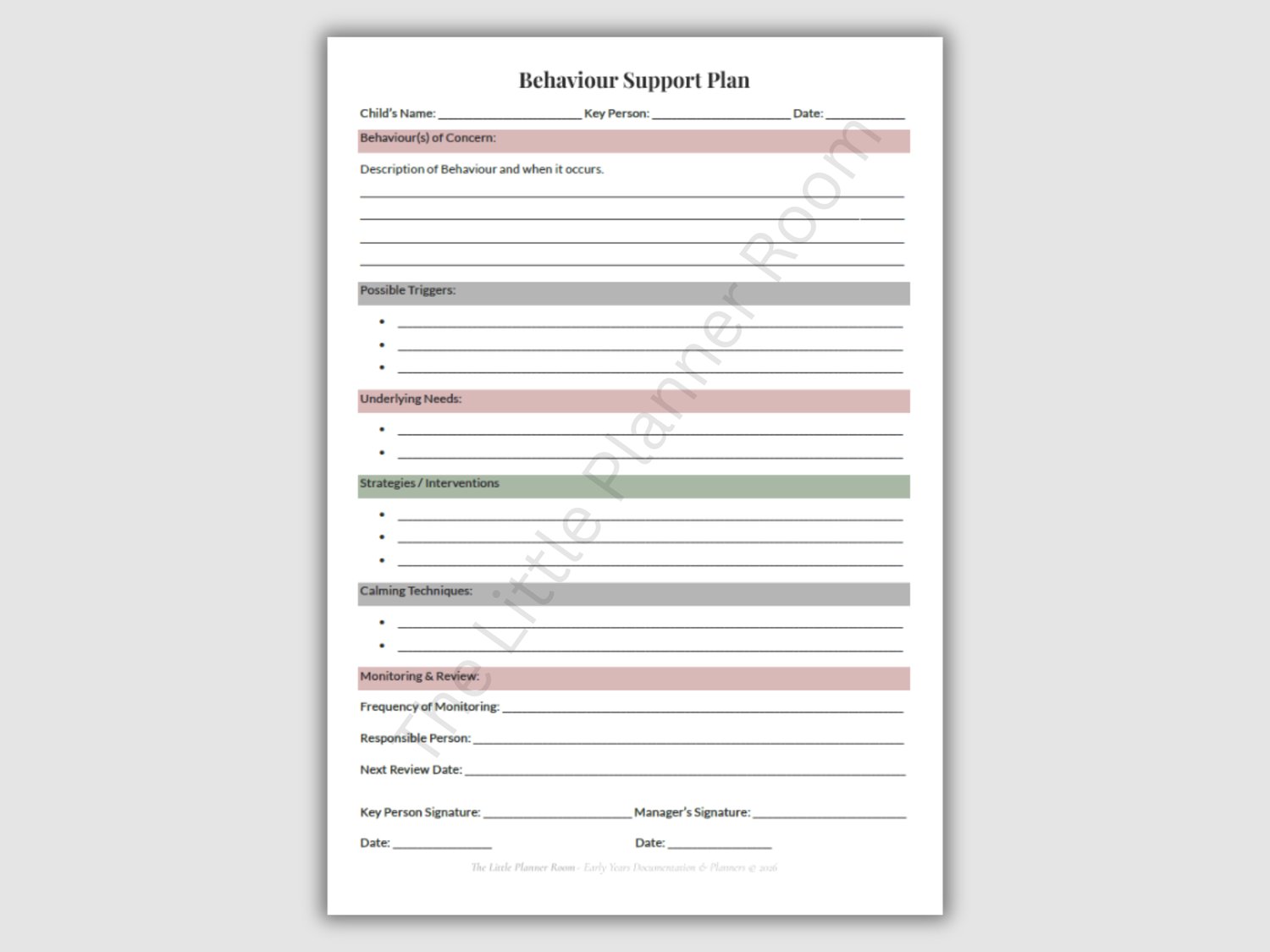 Behaviour Support Plan printable PDF for EYFS settings with sections for behaviours of concern, triggers, underlying needs, strategies, calming techniques, and monitoring and review.