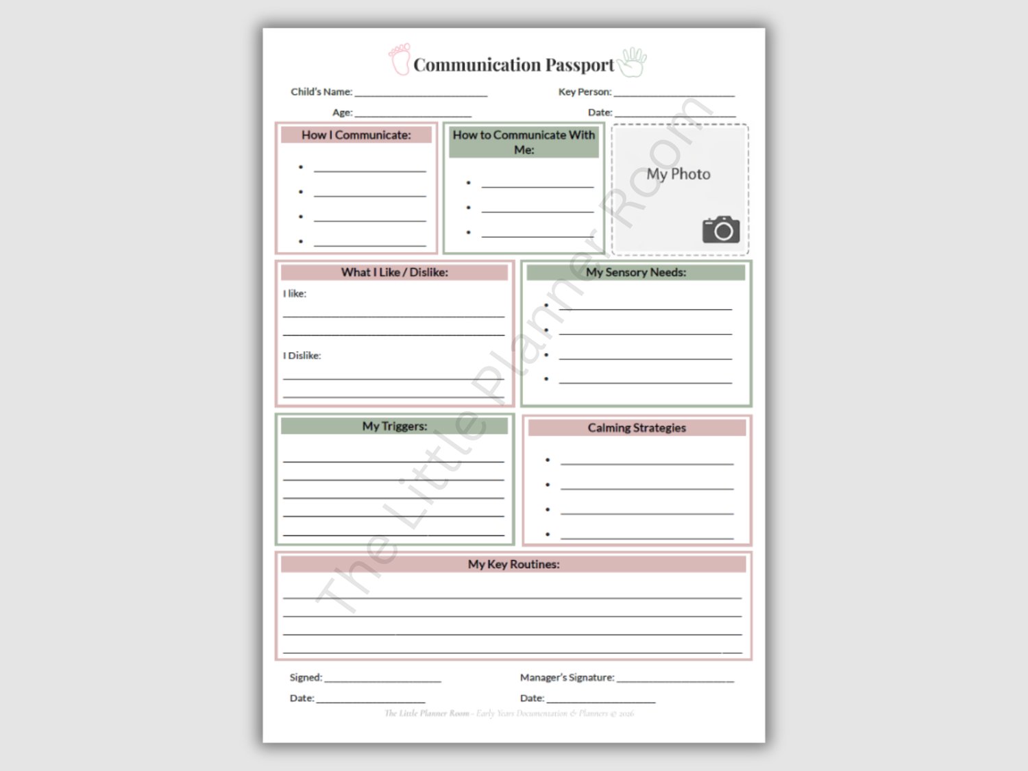 Communication Passport printable PDF for EYFS settings with sections for communication methods, how to communicate with the child, likes and dislikes, triggers, sensory needs, calming strategies, and key routines.