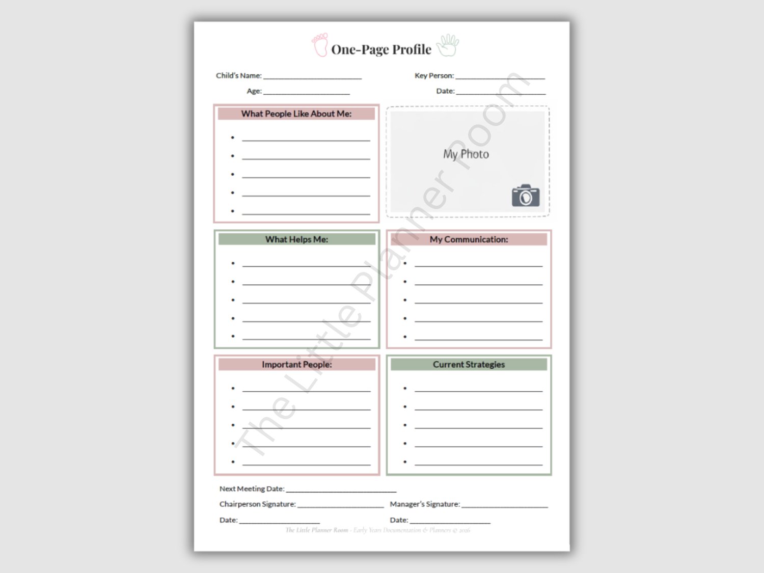 EYFS SEN One‑Page Profile printable with sections for what people like about the child, what helps them, communication, important people, current strategies, and space for a photo.