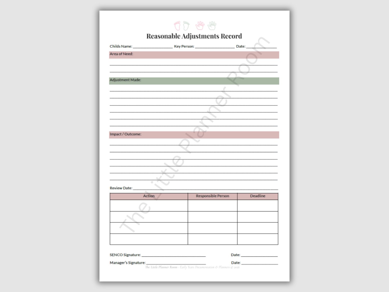 EYFS SEN Reasonable Adjustments Record printable with sections for area of need, adjustment made, impact, review date, action plan table, and SENCO and manager signatures.