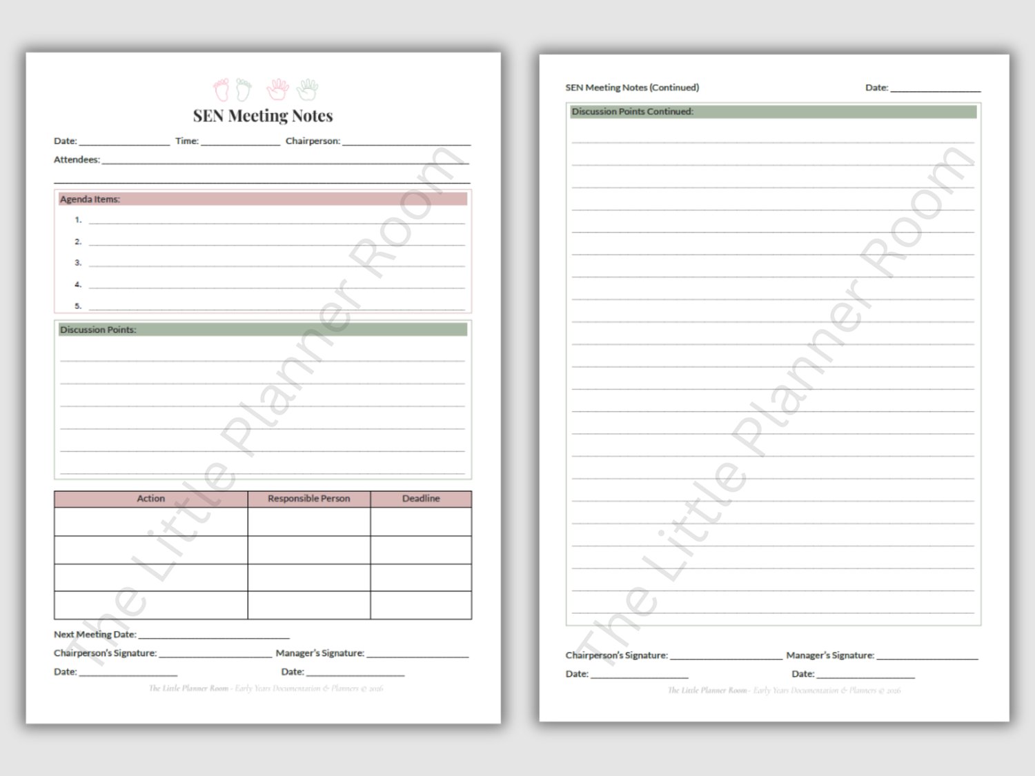 EYFS SEN Meeting Notes printable with sections for agenda items, discussion points, action plan table, next meeting date, and chairperson and manager signatures.