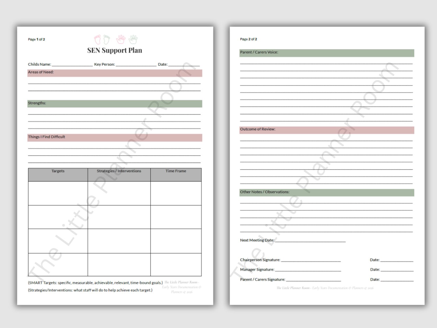 EYFS SEN Support Plan printable with sections for areas of need, strengths, difficulties, SMART targets, strategies, parent voice, review outcomes, notes, and signatures.