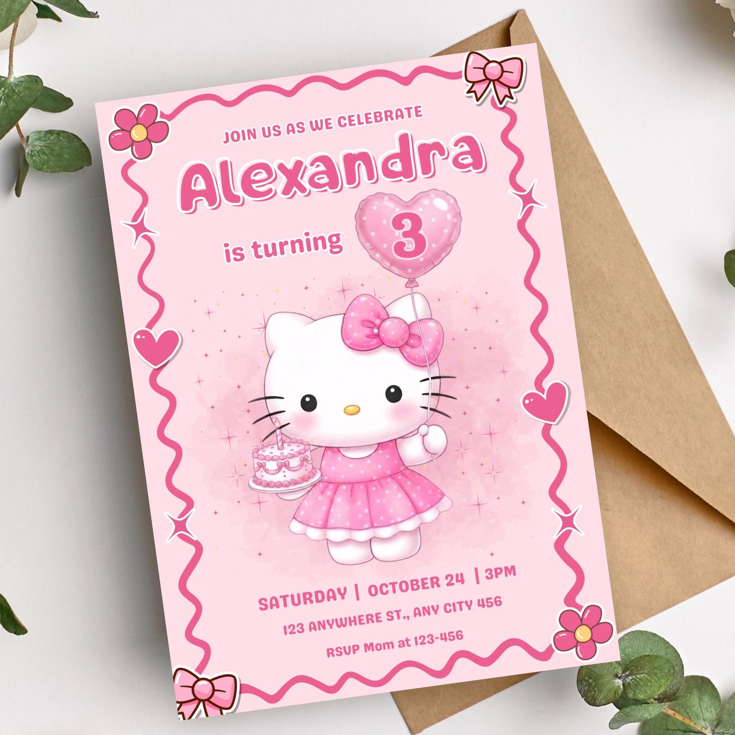 Hello Kitty themed birthday invitation template for girls editable Canva party invite