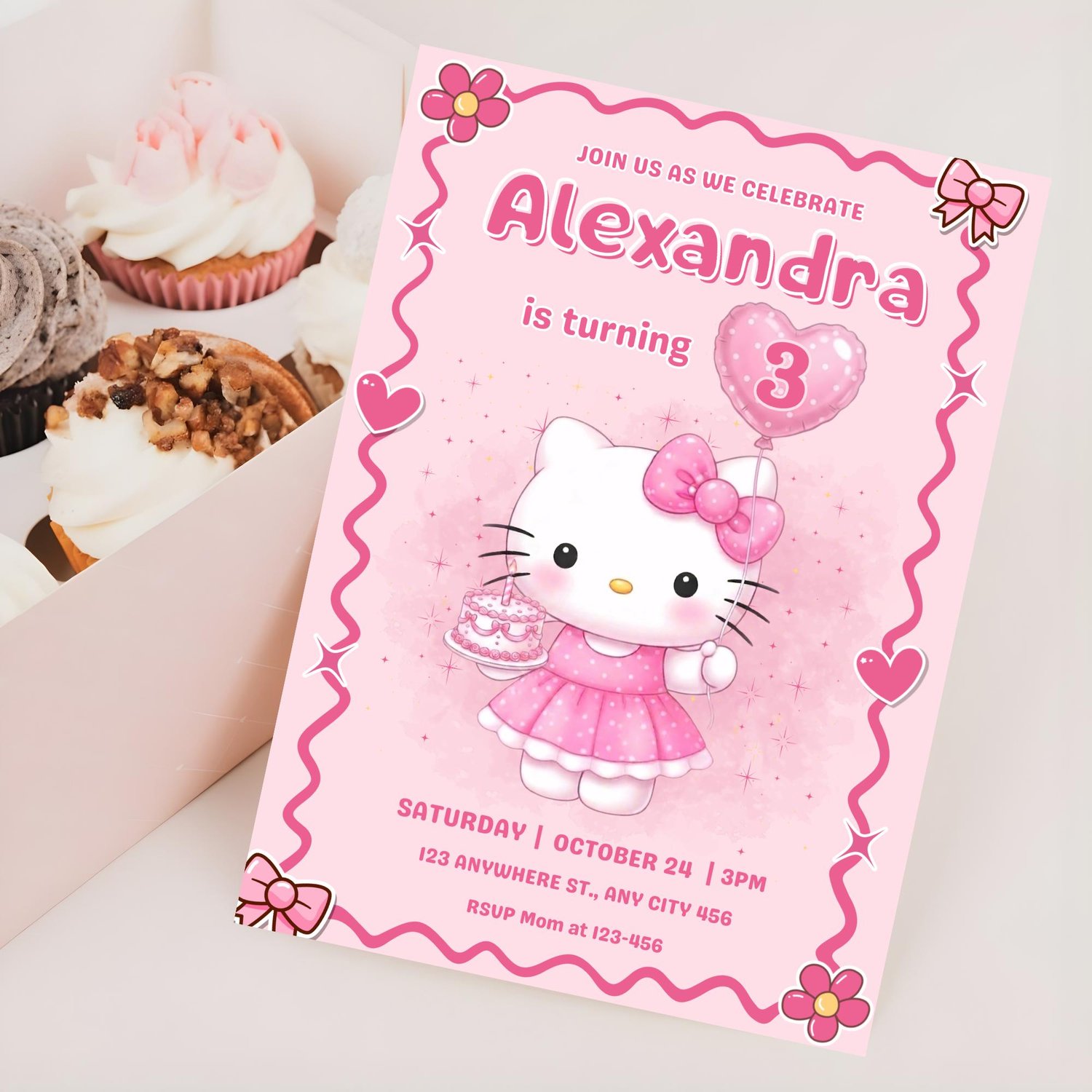 Pink Hello Kitty birthday invite digital template instant download printable party invitation