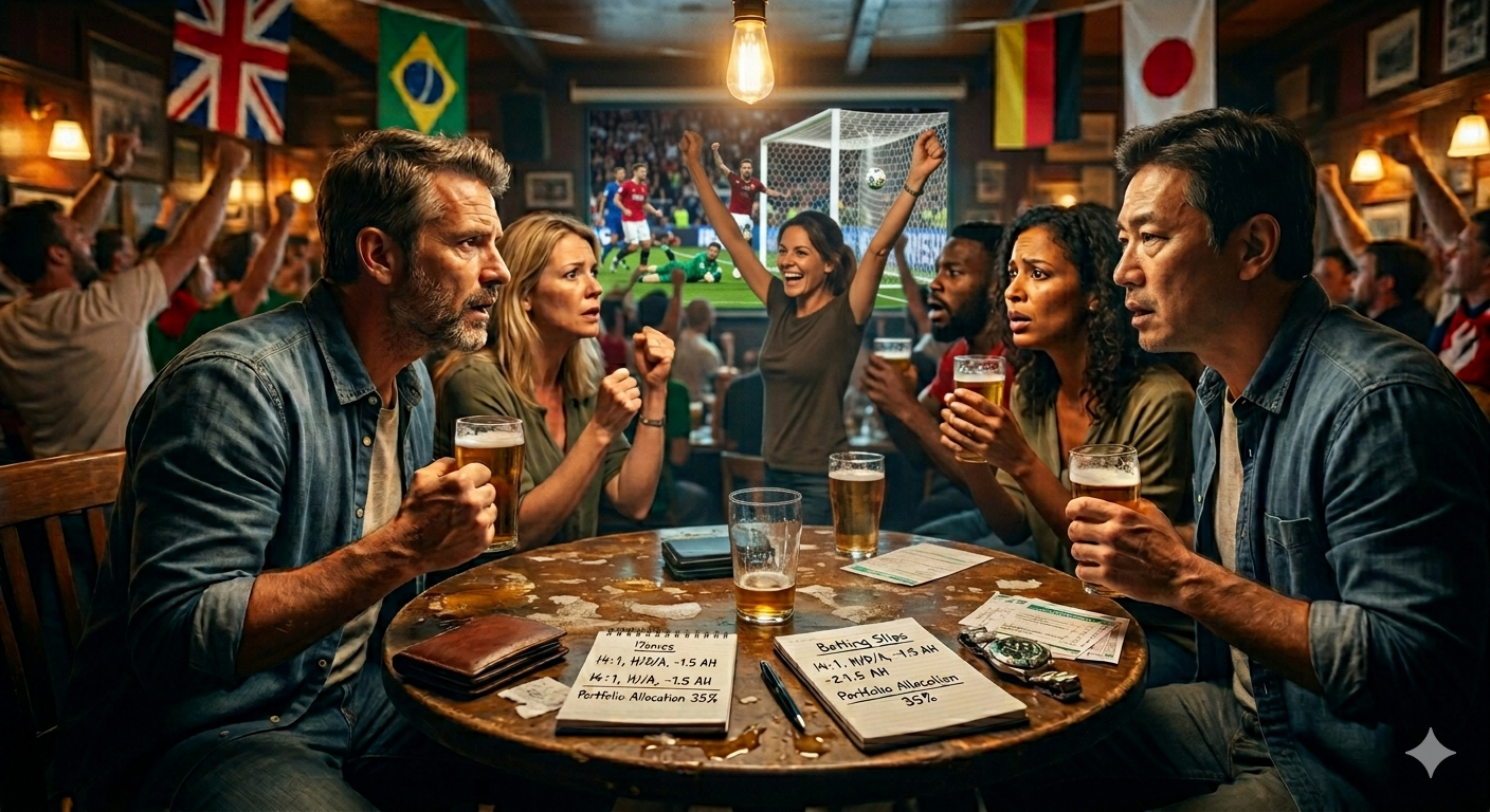 A high-energy, cinematic shot inside a lively sports bar packed with international football fans intensely watching a live World Cup match on a large screen at the moment a goal is scored. In the foreground, a diverse group of passionate bettors—including