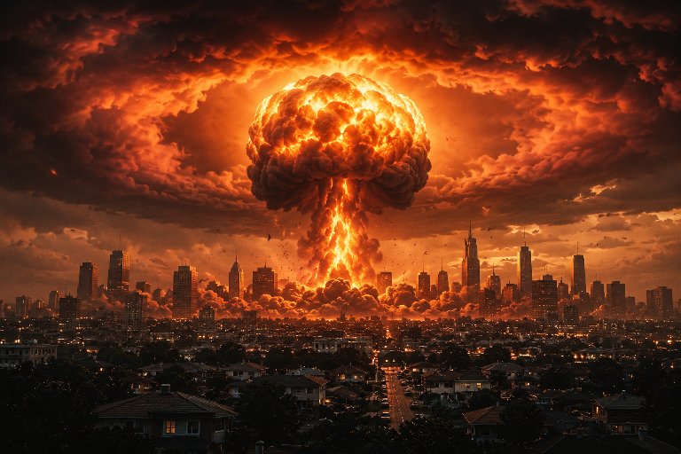 Nuclear explosion over a city showing a massive fireball and shockwave with dramatic clouds.