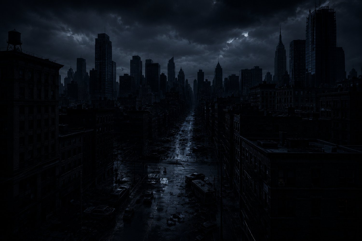 City at night with no power due to EMP effect and grid failure.