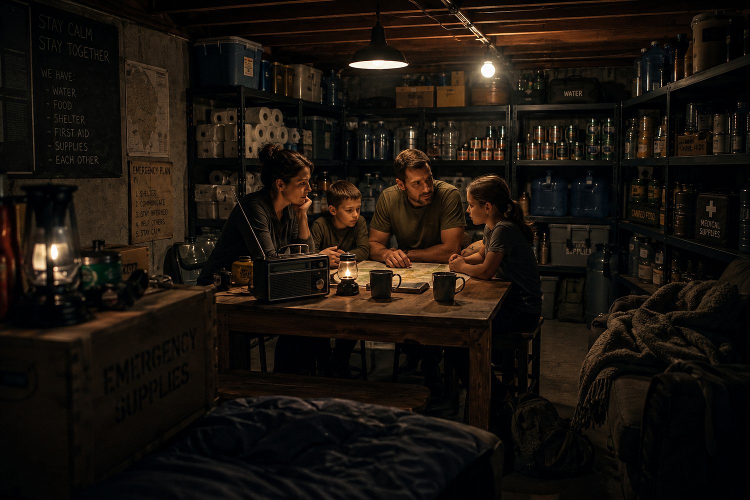 Realistic family in a basement shelter during nuclear fallout, emergency supplies around them, radio on table, concerned but calm expressions, cinematic lighting.