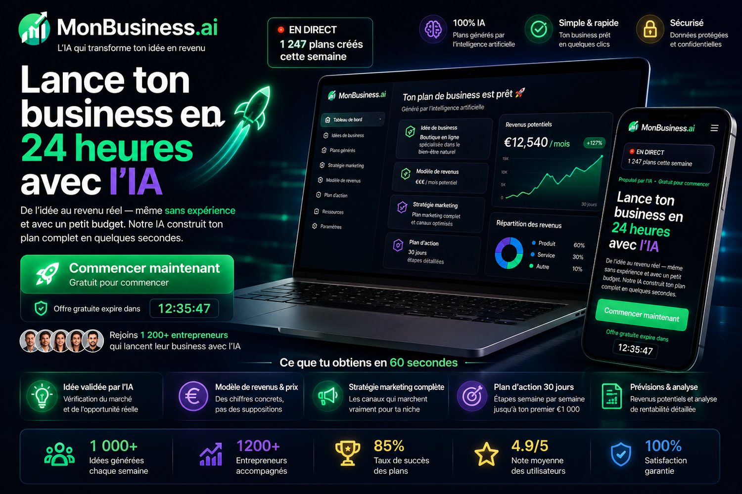 Landing page futuriste de MonBusiness.ai montrant une plateforme d’intelligence artificielle qui aide à créer un business rentable en 24 heures, avec tableau de bord IA, statistiques de revenus, stratégie marketing, smartphone affichant le site et interfa
