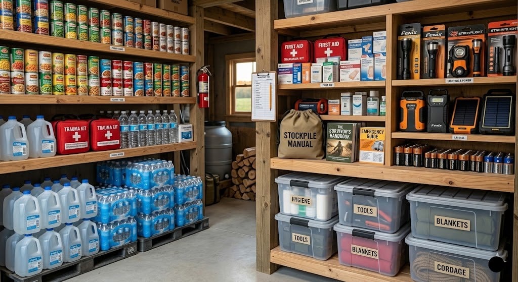 A well-stocked emergency pantry with wooden shelves organized with rows of canned food, stacks of bottled water, trauma kits, flashlights, and clear plastic storage bins labeled for tools and blankets.