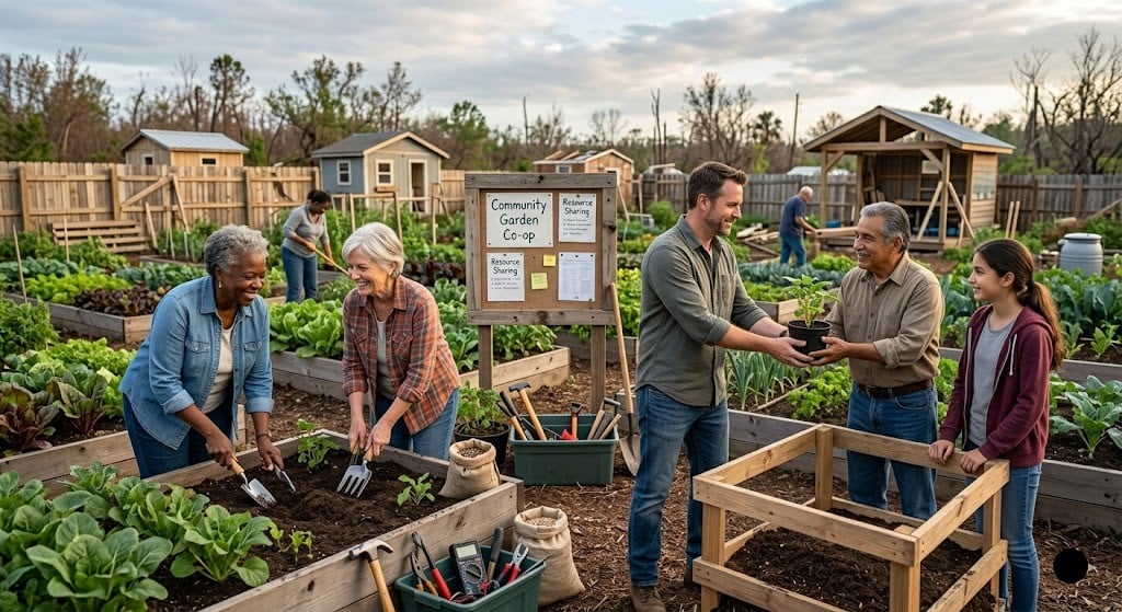 A diverse group of neighbors smiling and working together in a community garden coop, planting crops and sharing resources in a neighborhood area after a disaster.