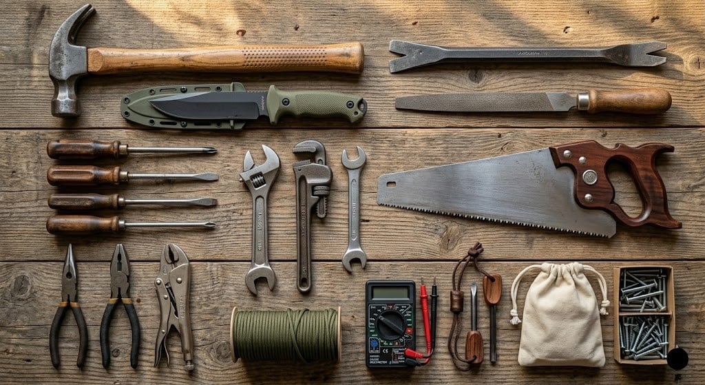 A top-down flat lay photo of essential hand tools on a weathered wooden surface, including a hammer, survival knife, hand saw, screwdrivers, wrenches, paracord, and a digital multimeter.