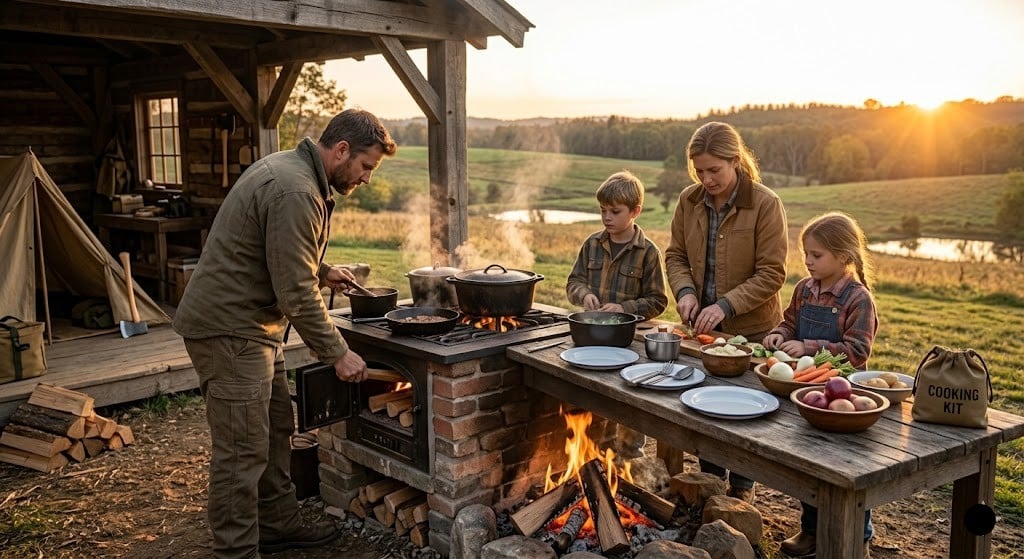 A family cooking a meal together outdoors at sunset, using a brick wood-burning stove, cast iron pots, and fresh vegetables on a wooden picnic table next to a canvas tent.