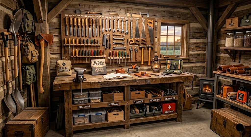 A well-stocked emergency pantry with wooden shelves organized with rows of canned food, stacks of bottled water, trauma kits, flashlights, and clear plastic storage bins labeled for tools and blankets.