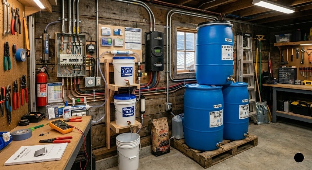 A backyard emergency water purification system featuring large blue potable water storage barrels on a pallet, alongside a multi-tiered gravity filter setup with white buckets inside a workshop.