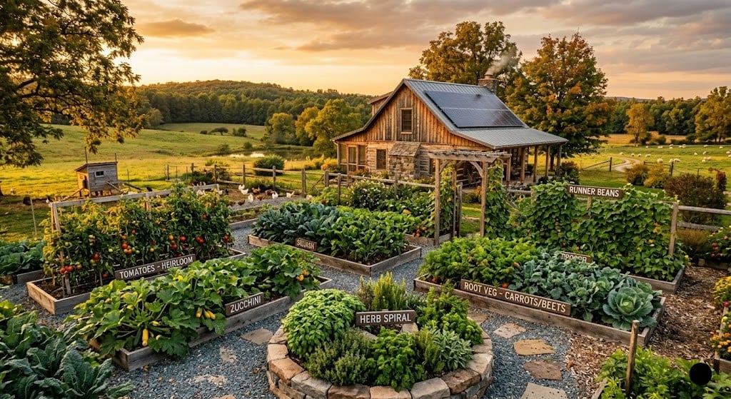 A high-detail backyard survival garden at sunset, showcasing well-organized wooden raised beds filled with thriving heirloom tomatoes, zucchini, and root vegetables, alongside a central stone herb spiral.