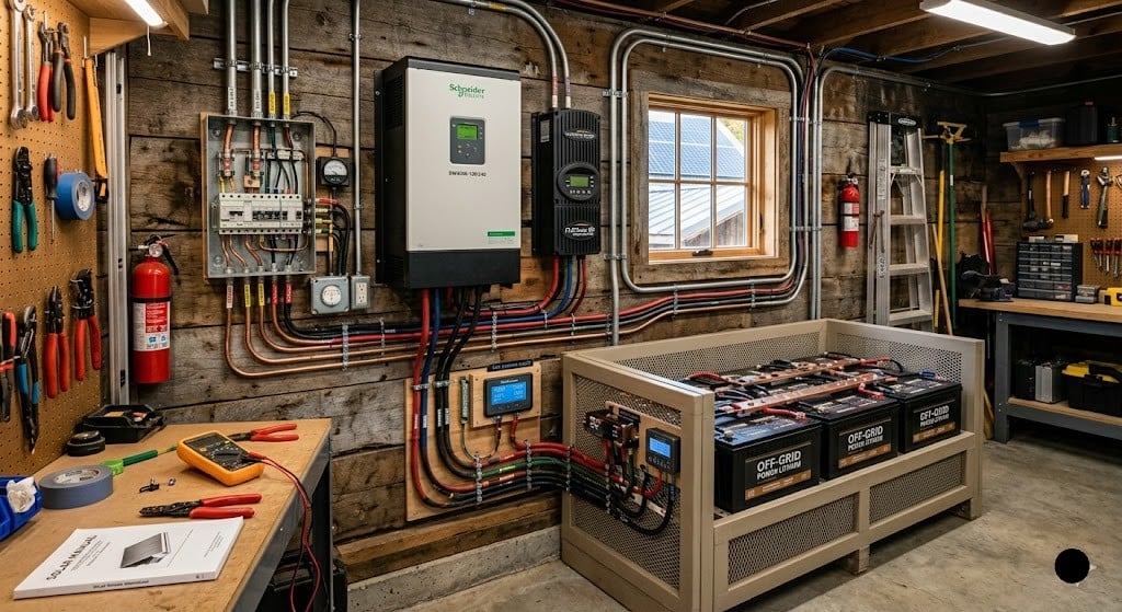 A detailed off-grid solar power setup inside a wooden workshop, showing a Schneider inverter mounted on the wall, neatly organized electrical conduits, a multimeter on a workbench, and a large lithium battery bank.