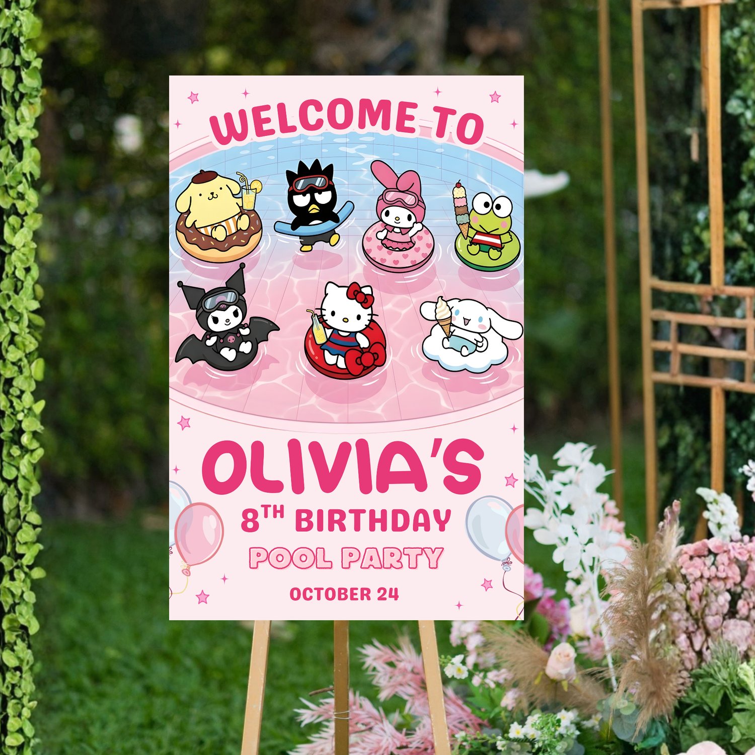 Hello Kitty and Friends pool party welcome poster template for girls summer birthday party decor