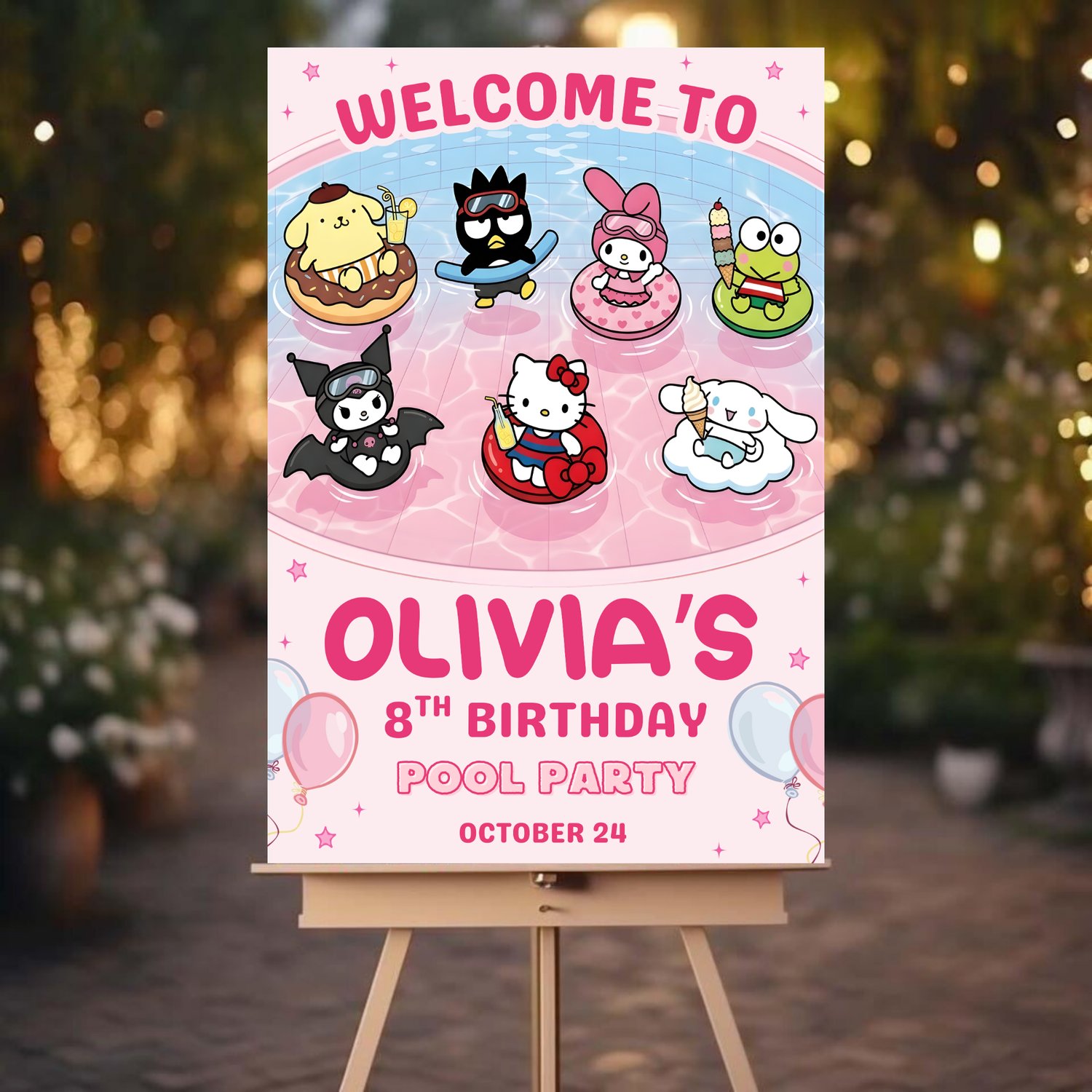 Printable Hello Kitty and Friends birthday welcome sign editable Canva template for pool party celebration