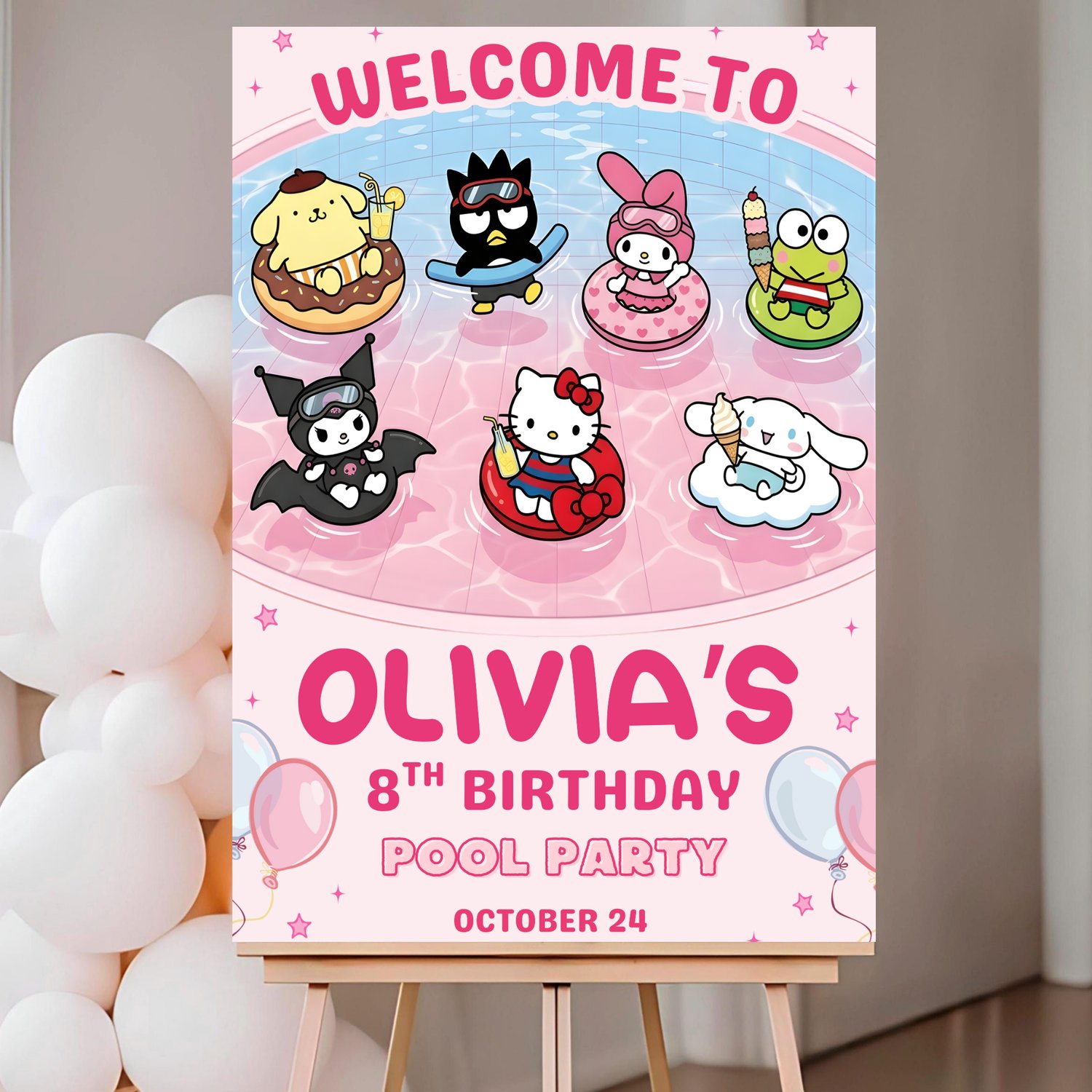 Editable pink Hello Kitty and Friends summer pool party sign instant download birthday template