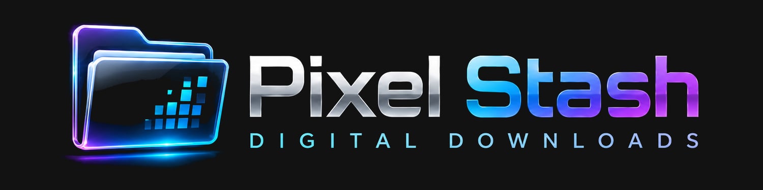 Pixel Stash digital product store logo featuring a glowing neon folder icon for downloadable wallpapers, printable designs, planners, and digital resources.