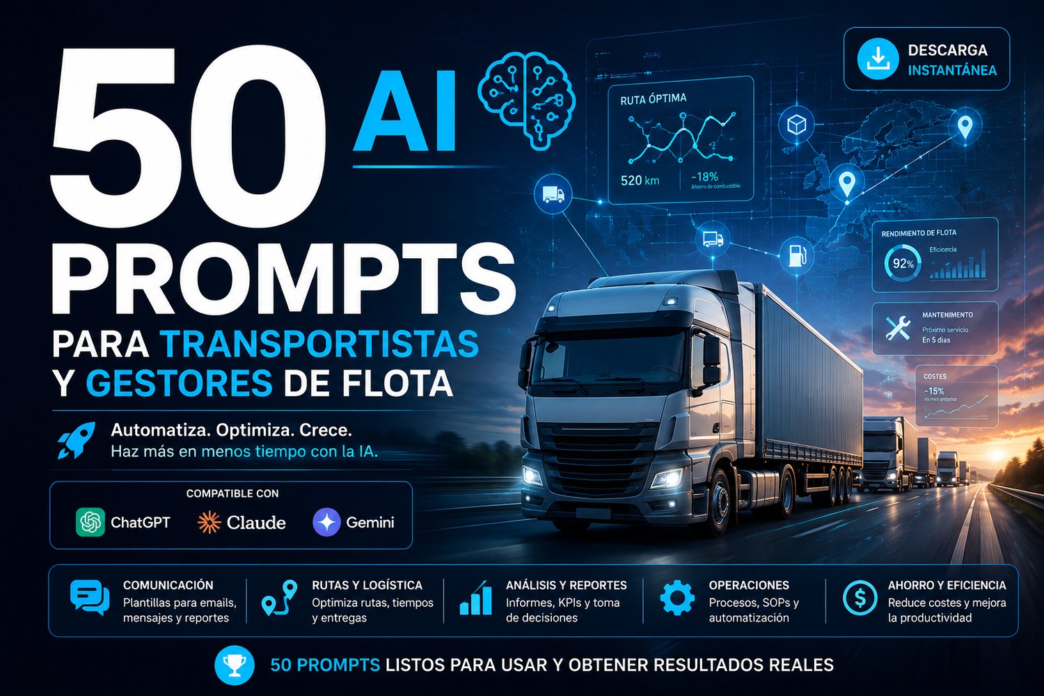 50 Prompts IA para Transportistas y Gestores de Flota — Pack de Prompts de Inteligencia Artificial para el Transporte
