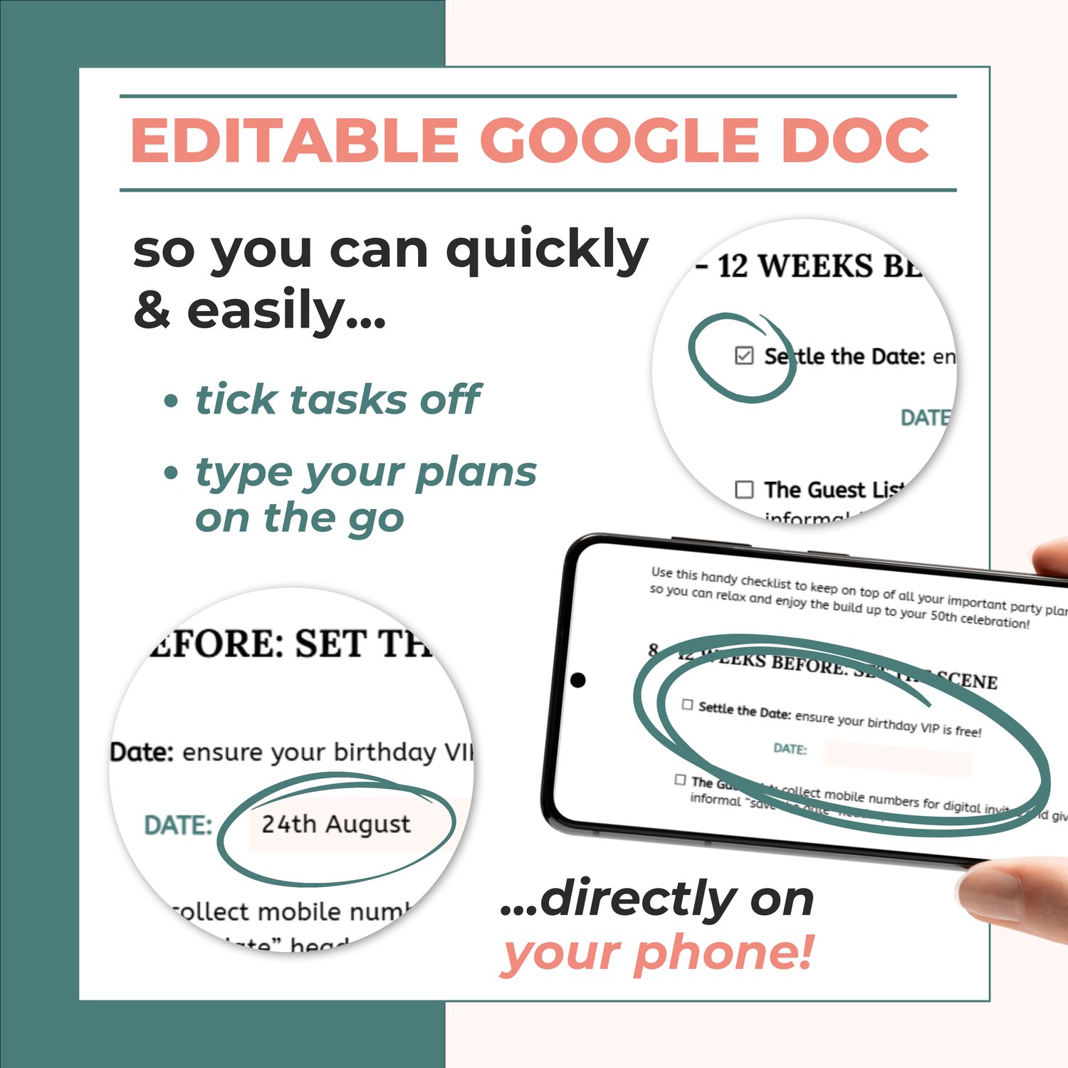 editable google doc party checklist to tick task off or write planning notes on your device